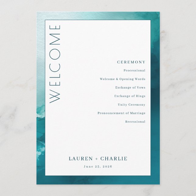 Sophisticated Teal Watercolor Ceremony Schedule Program (Front)