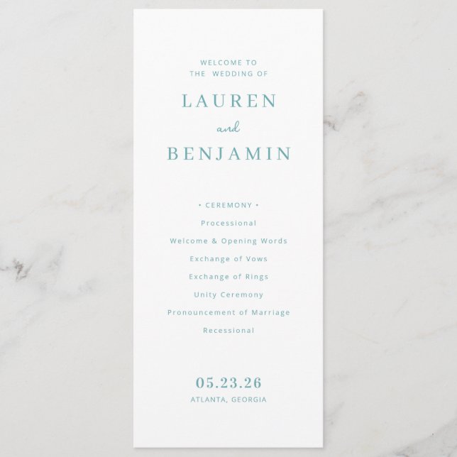 Sophisticated Teal Wedding Ceremony Program (Front)