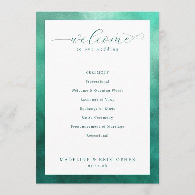 Sophisticated Teal Wedding Ceremony Program (Front)