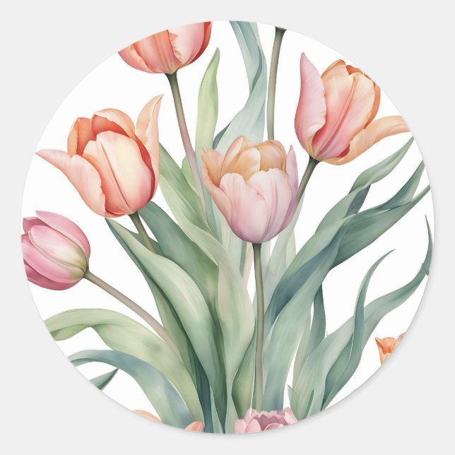 Sophisticated Tulip with Watercolor Classic Round Sticker (Front)
