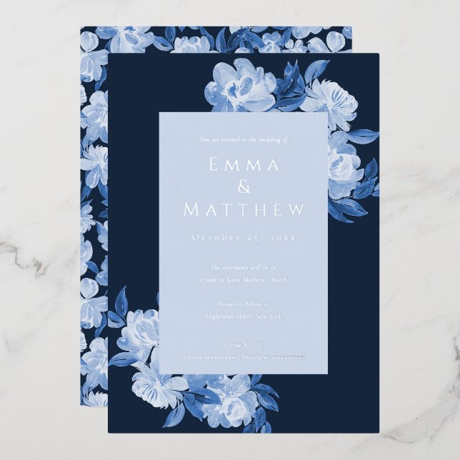 Sophisticated Watercolor Flowers Blue Background (Front/Back)