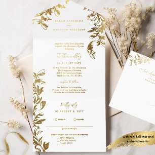 Sophisticated White and Gold Foil Leaves All In On All In One Invitation