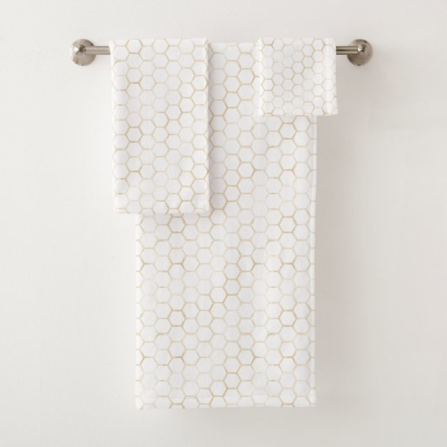 Sophisticated White Gold Hexagon Beehive Pattern Bath Towel Set (Insitu)