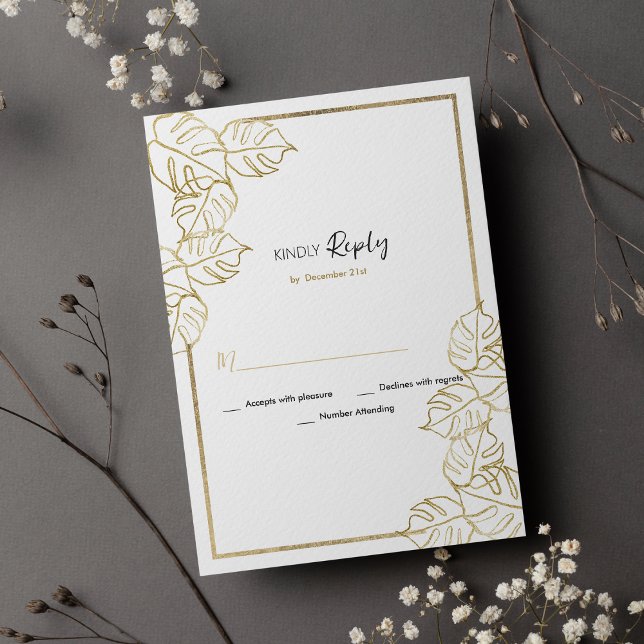 Sophisticated white gold tropical foliage RSVP  Invitation (Sophisticated white gold tropical foliage RSVP)