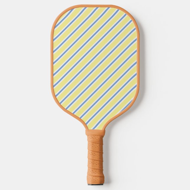Sophisticated Yellow Blue & White Diagonal Striped Pickleball Paddle (Front)