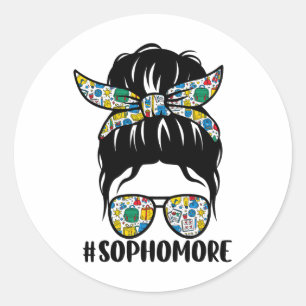 Sophomore Messy Bun Girl Teacher Student Back To S Classic Round Sticker