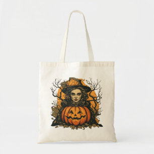 Sorceress and Pumpkin from Halloween on a Tote Bag