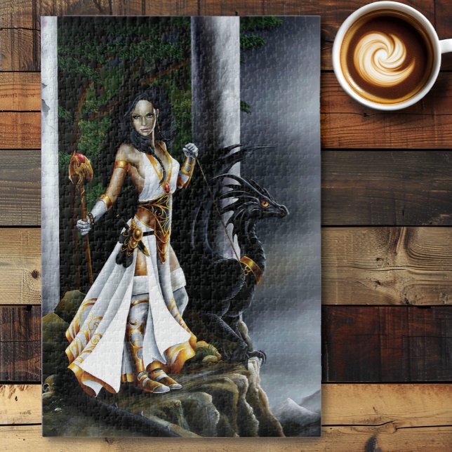  Sorceress Black Dragon fantasy White Jigsaw Puzzle (Creator Uploaded)