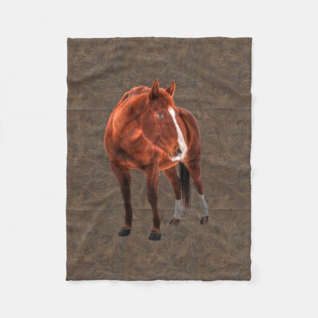 Sorrel Horse Portrait on faux Tooled Leather BG Fleece Blanket (Front)