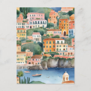 Sorrento Italy, Italian Coast Colourful Watercolor Postcard