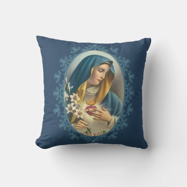 Sorrowful Mother Virgin Mary Heart Lily Roses Cushion (Front)
