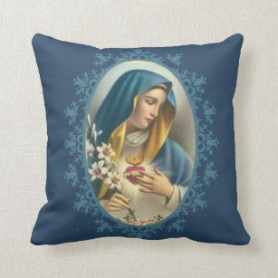 Sorrowful Mother Virgin Mary Heart Lily Roses Cushion
