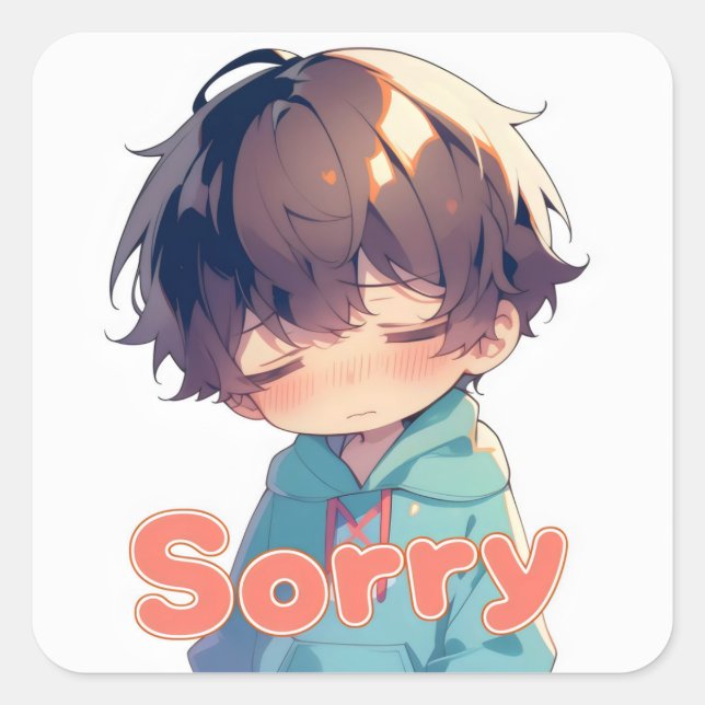 Sorry Anime Boy Sad Face Square Sticker (Front)