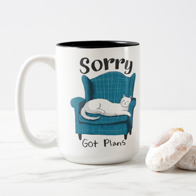 Sorry Got Plans Funny Cat Lover Gift  Two-Tone Coffee Mug (With Donut)