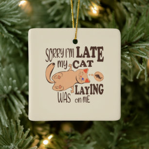 Sorry I am late my cat was laying on me Ceramic Ornament