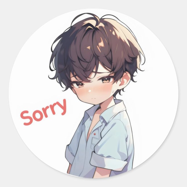 Sorry Sad Cute Anime Boy Classic Round Sticker (Front)