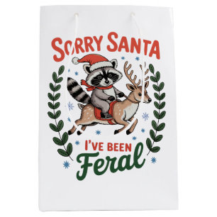 Sorry Santa I’ve Been Feral Racoon Reindeer Xmas Medium Gift Bag