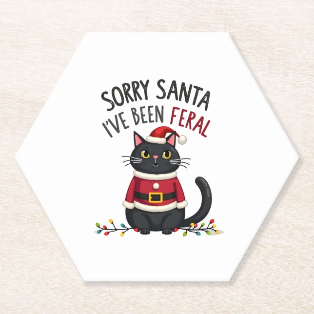 Sorry Santa I've Been Feral Black Cat Christmas Fu Paper Coaster (Front)