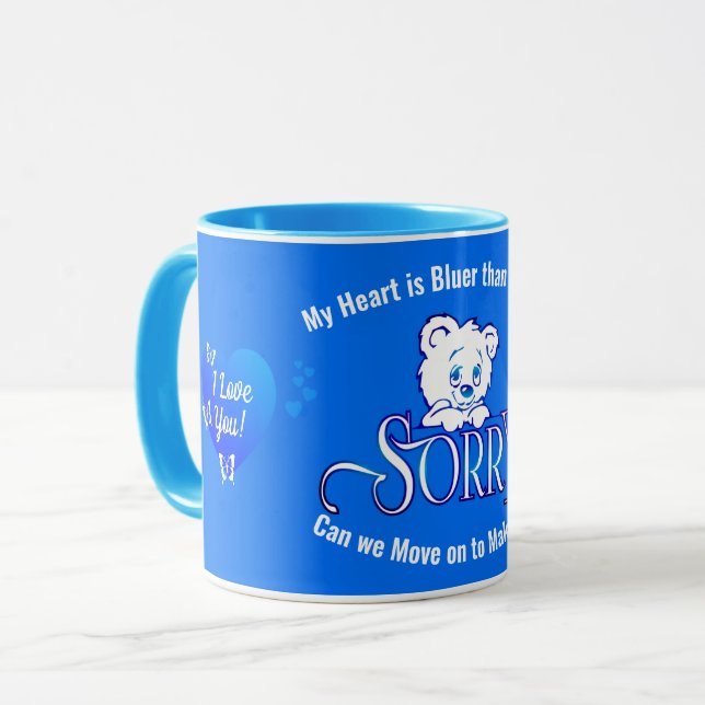 SORRY with Sad Face Bear on Blue APOLOGY Mug (Front Left)