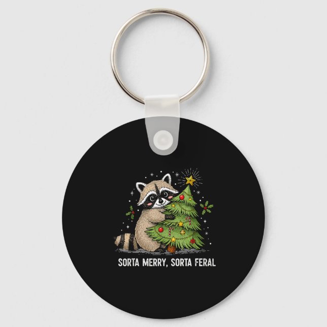 Sorta Merry Sorta Feral Christmas Raccoon Trash Pa Key Ring (Front)