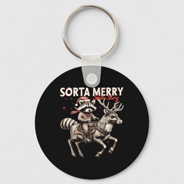 Sorta Merry Sorta Scary Christmas Funny Racoon Ri Key Ring (Front)