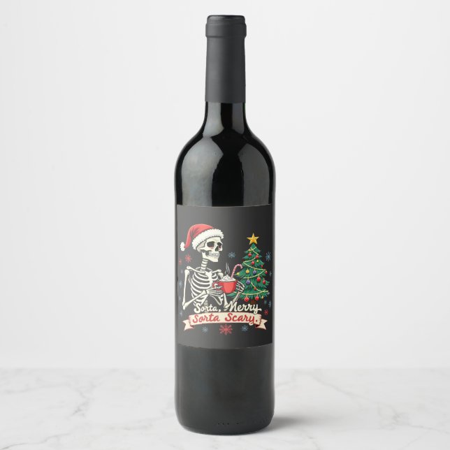 Sorta Merry Sorta Scary Spooky Skeleton Xmas  Wine Label (Front)