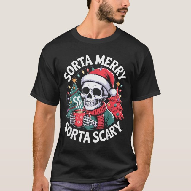 Sorta Merry Sorta Y Skeleton With Santa Hat  T-Shirt (Front)