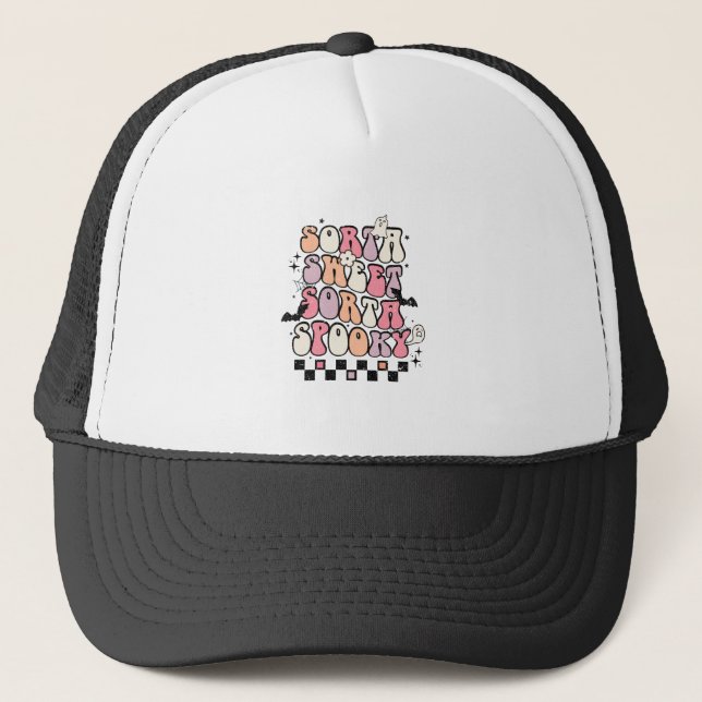 Sorta Sweet Sorta Spooky-Halloween-Retro Groovy Trucker Hat (Front)