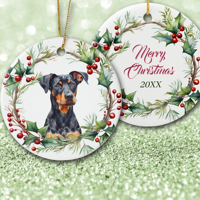 Soulful Doberman Pinscher Dog in Holly Twig Wreath Ceramic Ornament (Creator Uploaded)