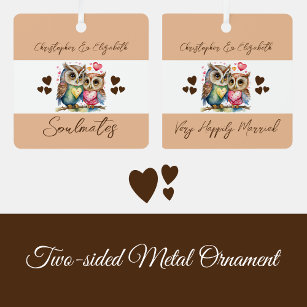 Soulmates cute owls happily married brown metal tree decoration