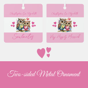 Soulmates cute owls happily married pink metal tree decoration