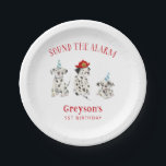 Sound the Alarm Boy Birthday Party  Paper Plate<br><div class="desc">Cute firefighter theme birthday party paper plate featuring watercolor illustration of Dalmatian puppies with a fireman helmet and blue party hats.</div>