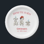 Sound the Alarm Boy Birthday Party  Paper Plate<br><div class="desc">Cute firefighter theme birthday party paper plate featuring watercolor illustration of Dalmatian puppies with a fireman helmet and blue party hats.</div>
