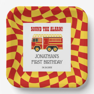 Sound The Alarm Fire Truck Checkered Birthday Paper Plate