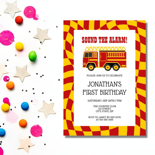  Sound The Alarm Fire Truck Chequered Birthday  Invitation (Creator Uploaded)