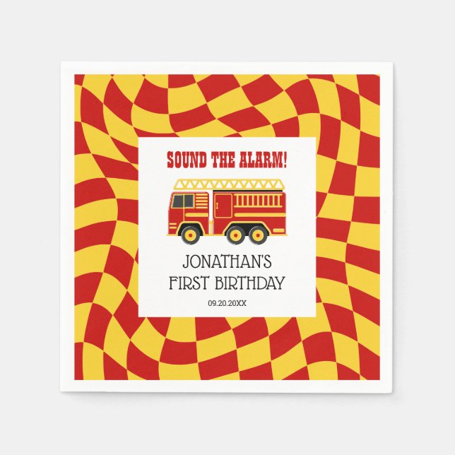 Sound The Alarm Fire Truck Chequered Birthday Napkin (Front)