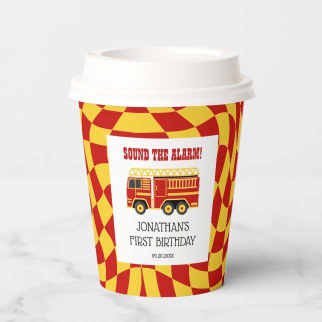 Sound The Alarm Fire Truck Chequered Birthday Paper Cups (Back)