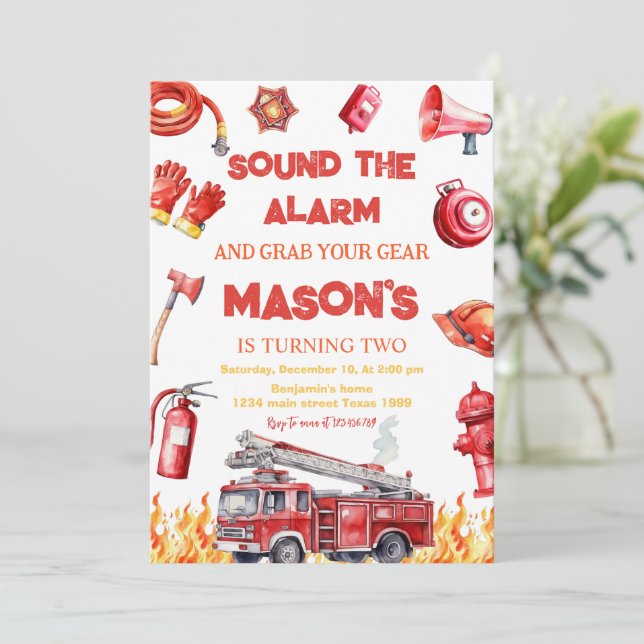 Sound the alarm Fire truck Firefighter Birthday Invitation (Standing Front)