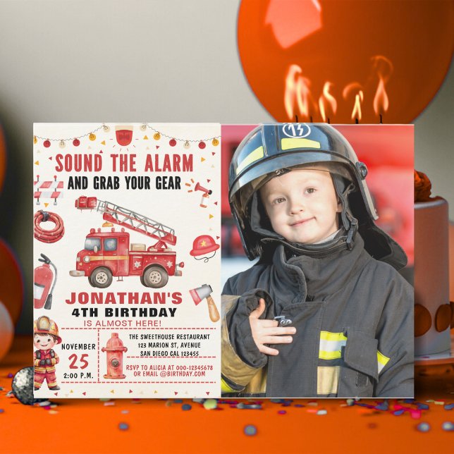Sound the Alarm! Firefighter Birthday Boy Photo Invitation (Creator Uploaded)