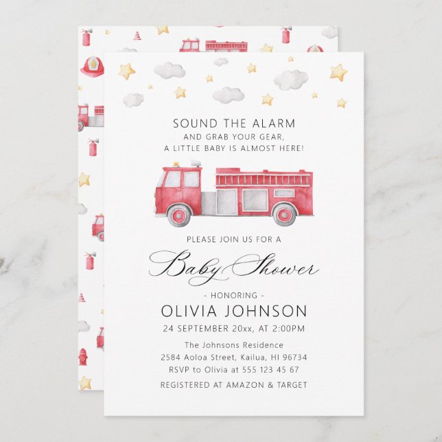 Sound the Alarm Firetruck Firefighter Baby Shower Invitation (Front/Back)