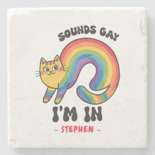 Sounds Gay, I’m In – Rainbow Cat LGBTQ Pride Stone Coaster
