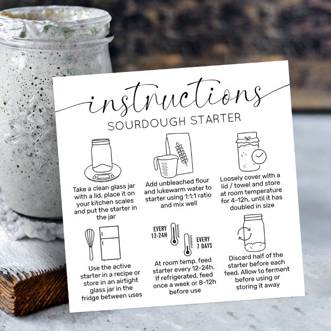 Sourdough Starter Instructions Minimal Logo Bread Square Business Card (Minimalist sourdough starter feeding instructions cards with care icons, stylish calligraphy font)