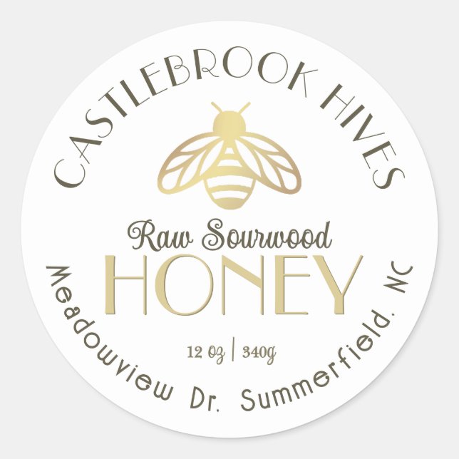 Sourwood Honey Metallic Gold Honeybee Icon  Classic Round Sticker (Front)