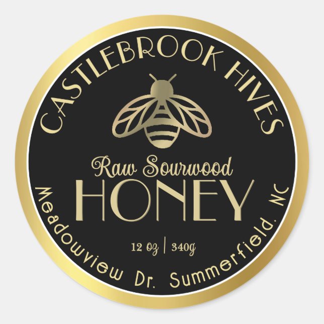 Sourwood Honey Metallic Gold Honeybee Icon  Classic Round Sticker (Front)