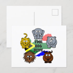 South Africa Big Five Safari Animal Cartoon Design Postcard