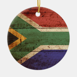 South Africa Flag on Old Wood Grain Ceramic Tree Decoration