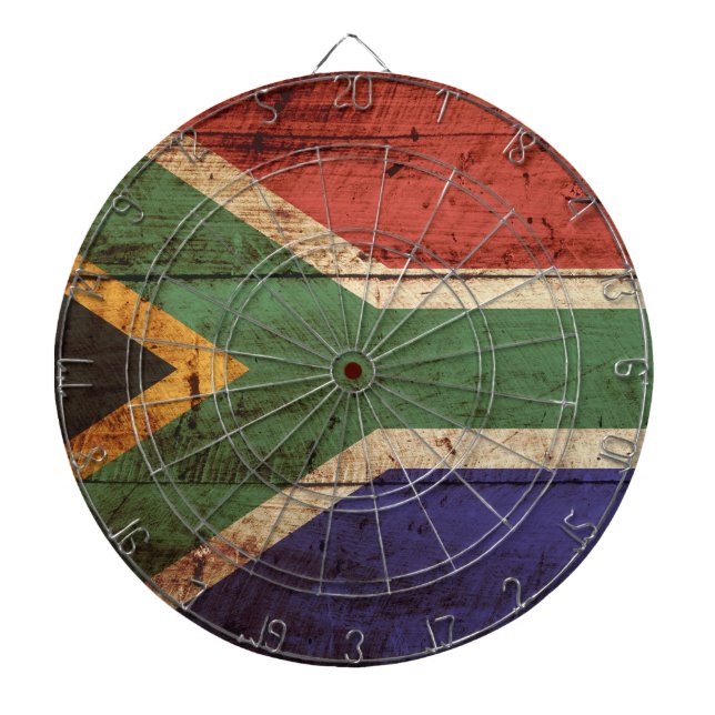 South Africa Flag on Old Wood Grain Dartboard (Front)
