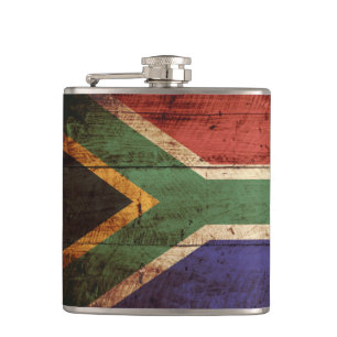 South Africa Flag on Old Wood Grain Hip Flask