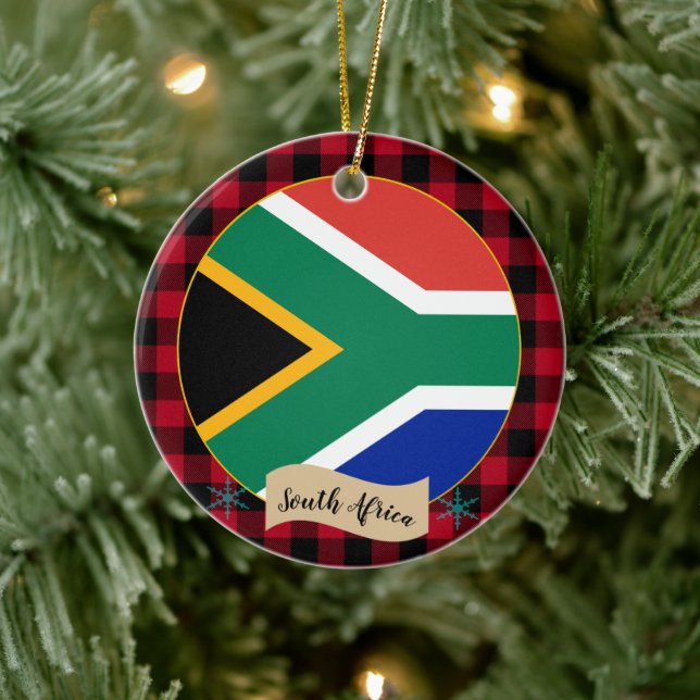 South Africa, Red buffalo plaid & African Flag Ceramic Ornament (Tree)