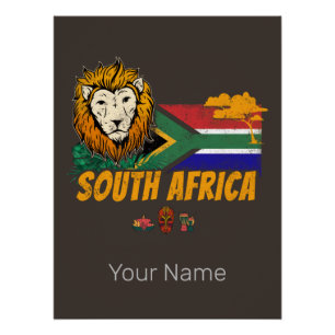 South Africa Vintage Lion With Flag Safari Souveni Poster